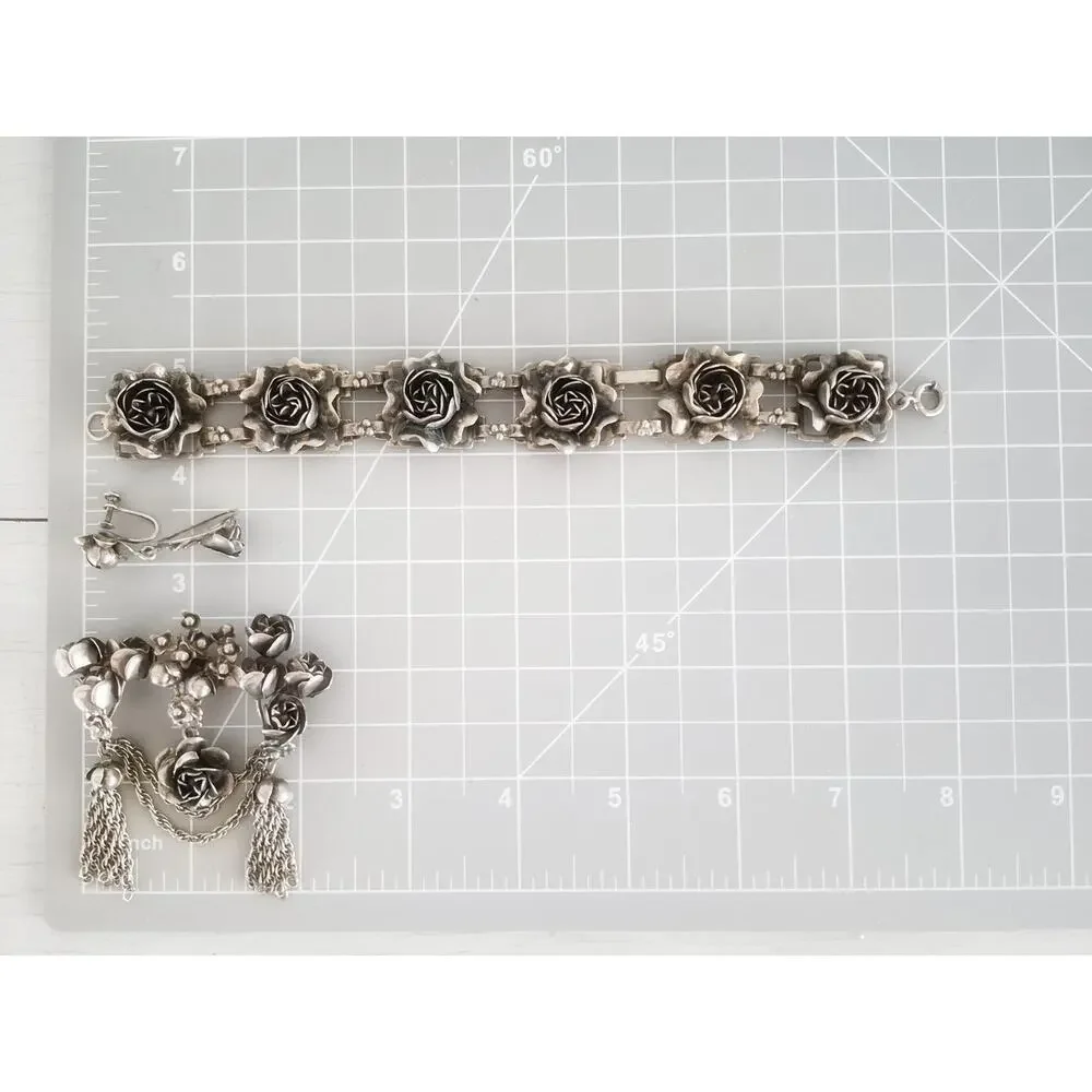 Vintage 1940s Sterling Hobe Rose Floral Bracelet Earring and Brooch Set